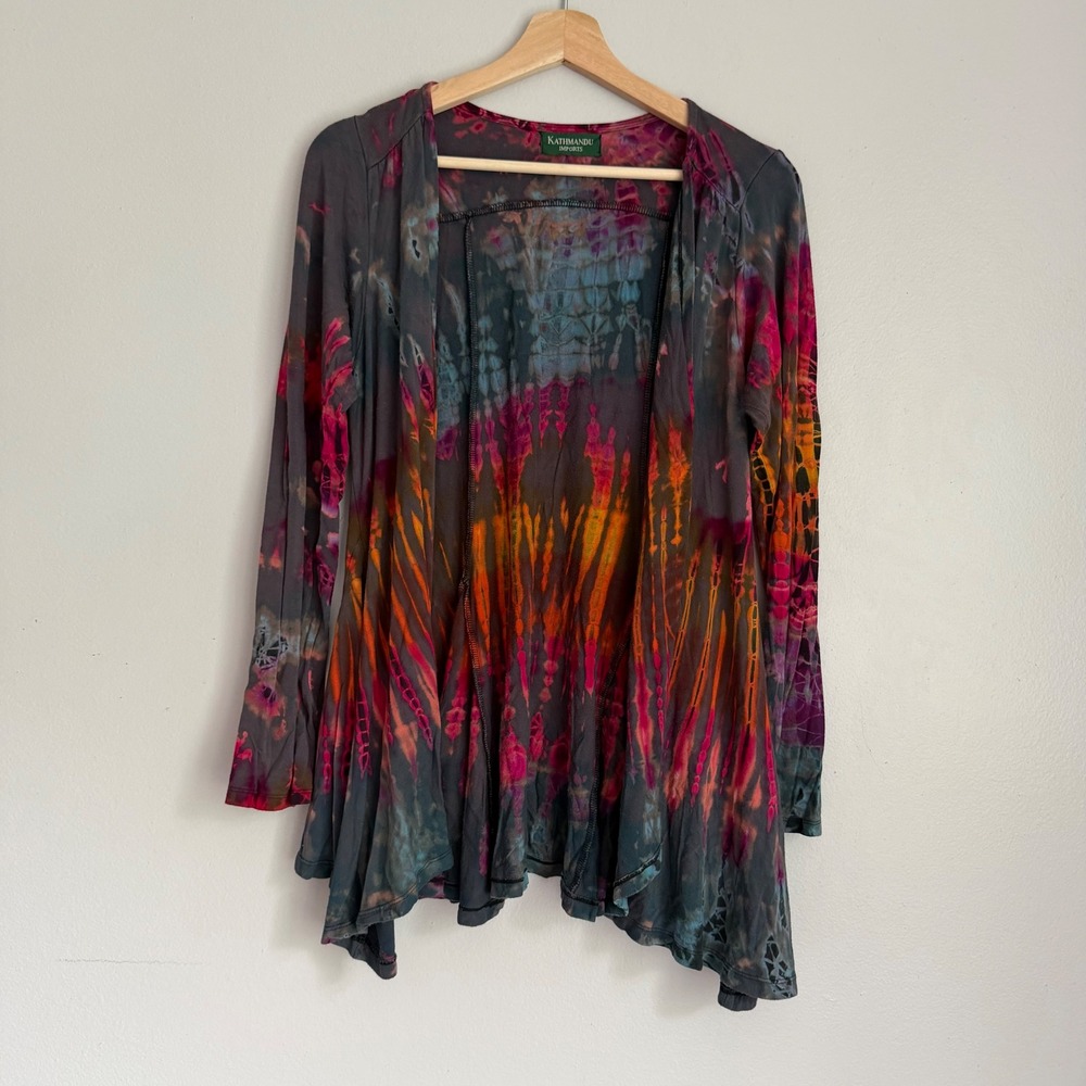 Y2K Kathmandu Imports Women Tie Dye Open Front Cardigan Boho Viscose Stretch OS